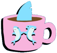 Pink cup of a warm beverage with the fin of a swimming shark extending from within. The mug has two happy, high-fiving cartoon sharks on the side.